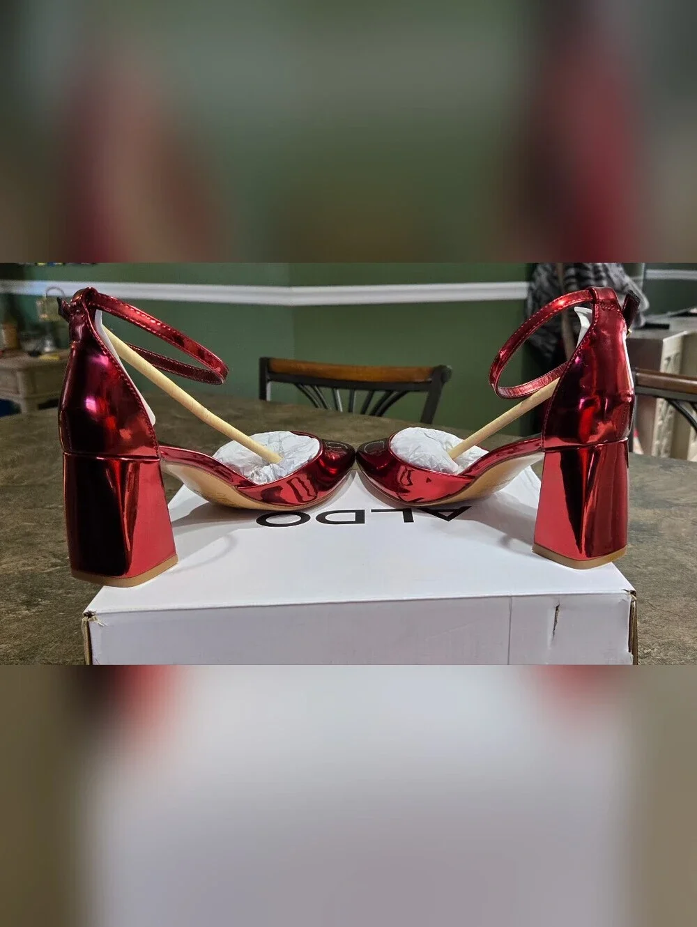 ALDO Metallic Burgundy Pointed Block Heel Ankle-Strap Pumps #1276